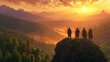 © Ira - Silhouette of four medieval adventurers standing on a rocky outcrop at sunset in a breathtaking fantasy landscape