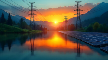 Sticker - Sunset over a lake with solar panels and power lines.