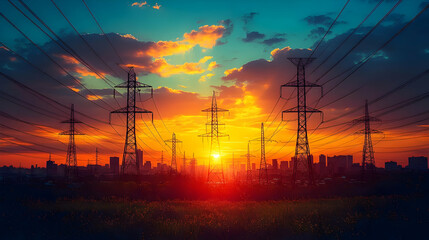 Poster - Sunset over power lines with city skyline in the background.