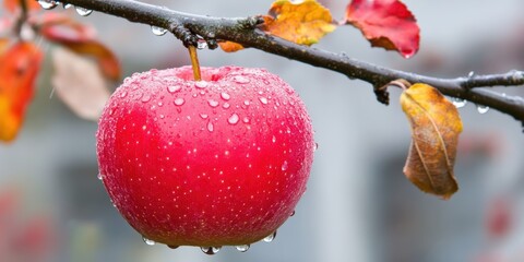 Fresh dew-covered red hanging on tree branch