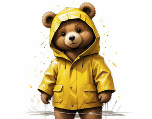 Teddy bear in a yellow raincoat on a white background