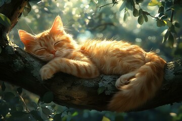 sleeping cat resting on a tree branch