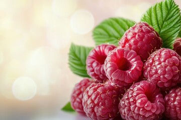 Wall Mural - Fresh raspberries close-up with soft bokeh background