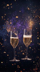 Two champagne glasses ready to bring in the New Year,toasting with champagne glasses against holiday lights and new year fireworks,eve celebration Countdown,Toast Cheering With Abstract Background.