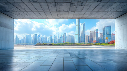 Wall Mural - Urban skyline view through a modern architectural structure.