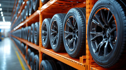 Poster - Warehouse storage of black tires on orange shelving units.