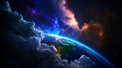 Wall Mural - A stunning view of Earth from space, with a vibrant nebula and clouds in the foreground.