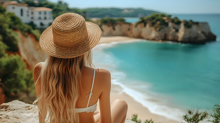 Canvas Print - Woman enjoying a serene beach view in a straw hat.