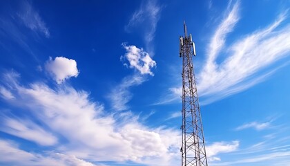 Cell tower against blue sky with clouds