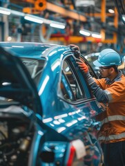 Fototapete - Employees meticulously install and inspect car interiors on the factory floor, ensuring quality during the production process. Generative AI