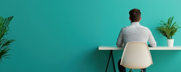 A person sitting at a modern desk against a vibrant teal wall, flanked by two potted plants, creating a serene workspace atmosphere.