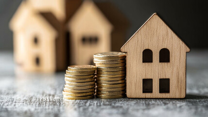 Stack of coins and wooden houses on a grey background, a concept for the real estate business and home consumption