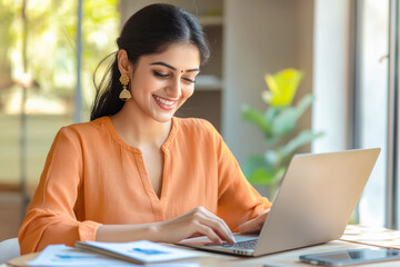 young indian woman working on laptop