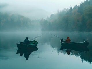 Fishermen s Friendly Rivalry on the Misty Lake