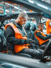 Fototapete - Skilled workers focus on installing and inspecting car interiors, ensuring quality control on the factory floor. Generative AI