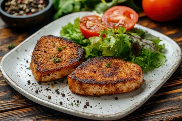 Close Up Still Life of Two Fried Tuna Steaks on Square White Plate with Seasoning and Fresh Green Salad with Tomato on Painted Wooden Table - generative ai