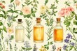 © Aliaksandra - essential oil illustration, a sophisticated cosmetic oil design featuring watercolor depictions of rosemary, geranium, and ylang-ylang, for a serene and beautiful aesthetic