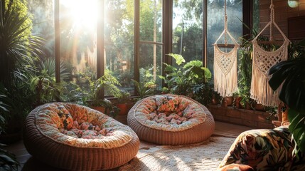 A cozy 70s-inspired sunroom with wicker furniture and macram?(C) plant hangers. Sunlight pours in from large windows