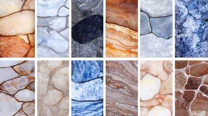 Canvas Print -   A collection of images featuring diverse-colored and shaped white, brown, blue, brown, and black stones