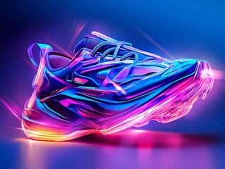 A vibrant sport shoe featuring a holographic effect, showcasing a modern design. The dynamic colors and light create an innovative and stylish appearance. Perfect for marketing and fashion trends.