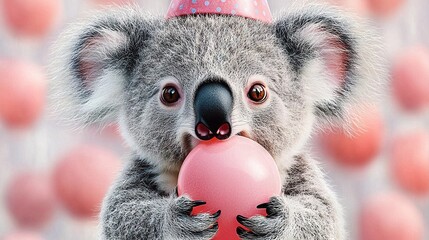 Wall Mural -   A cute koala bear partying with a party hat on, blowing bubbles from a bubble gumper