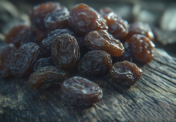 Sticker - Close-up of dark raisins on a wooden surface.