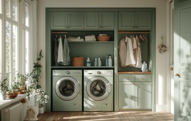 Stylish light green laundry room with two modern washing machines and neat arrangement of clothes and plants