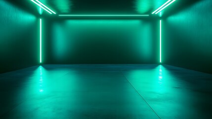 
Blue-green gradient studio room, abstract background pattern, walls and floor reflect neon lights, dark tones and feel speed of digital technology connected blue-green background. Future technology.