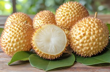 Wall Mural - Close-up of spiky, yellow fruit with one cut open, revealing white flesh.