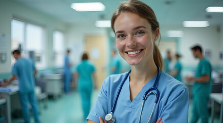 A smiling woman in a blue scrubs is posing for a picture in a hospital