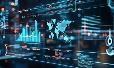 Digital Interface with World Map and Data Visualizations