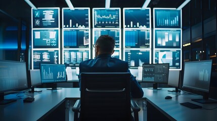 Poster - Business Leader Analyzing Data Insights on Multiple Monitors in High Tech Office