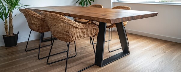 Stylish wooden dining table with woven chairs in a modern interior setting.