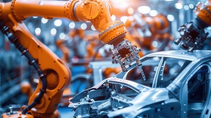 Leinwandbilder - Robotic arms are engaged in precise tasks, assembling components of a car in a high-tech manufacturing facility. Generative AI