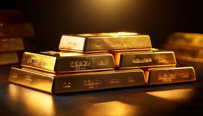 A stack of shiny gold bars illuminated by warm, golden light. The bars are neatly arranged, showcasing their stamped markings. The image exudes wealth, luxury, and value in a rich, dramatic setting