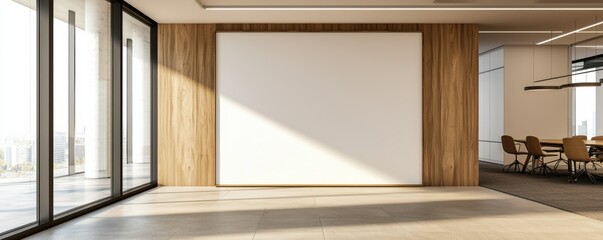 Modern office interior with large windows and blank wall for presentations.