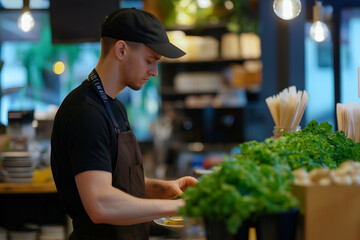 Young caucasian man in a black shirt and brown apron is skillfully cooking with fresh ingredients