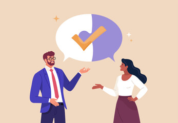 Fototapete - Business Discussion Concept. Vector cartoon illustration in flat style of man and woman talking to each other with big speech bubble-puzzle on top