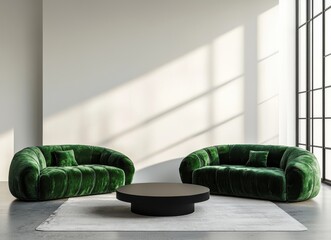 Modern living room with two emerald green sofas and a minimalist black coffee table in a sunlit space