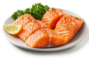 Plate with tasty salmon on white background - generative ai