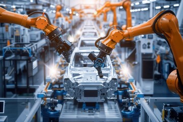 Leinwandbilder - Highly automated robotic arms are performing precise tasks on a busy car assembly line, enhancing efficiency and production speed. Generative AI