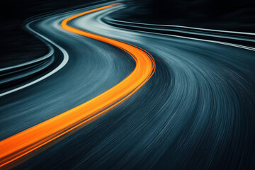 Poster - Abstract long exposure photograph of illuminated road at night, featuring a dynamic and curving light trail creating a sense of motion and speed.