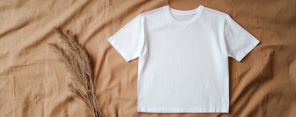 White t-shirt on a brown fabric background with dried grass.