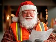 © Mi Lu - Santa Claus builder holding house blueprints in a Christmas hat and construction uniform