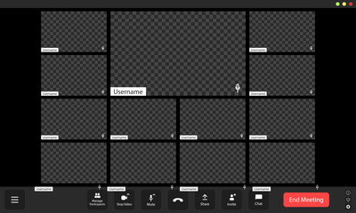 Wall Mural - empty virtual meeting grid with multiple user placeholders and interface elements on a desktop backg