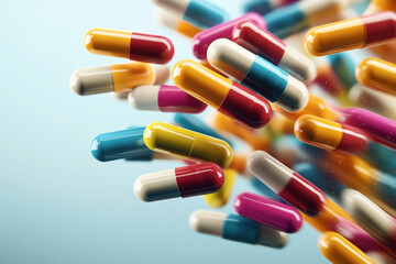 Wall Mural - A dynamic close-up of numerous colorful pharmaceutical capsules in various colors and combinations, floating against a light blue background.