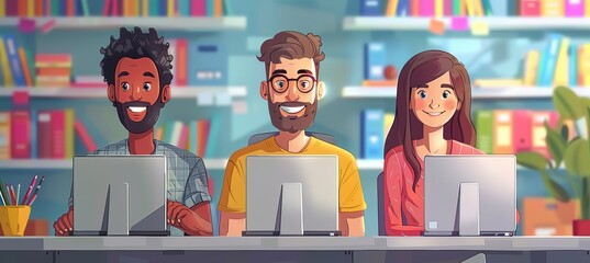 Team of programmers coding an app in a bright office setting, with space for custom text.