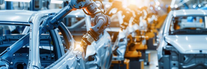Aufkleber - Robotic arms efficiently perform assembly tasks on vehicles in a bustling manufacturing facility, showcasing advanced automation. Generative AI