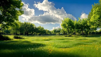 a lush green meadow with wildflowers under a bright blue sky