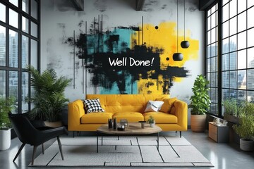 Poster - Modern Living Room with Yellow Couch and Abstract Wall Art